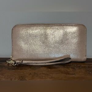 Fossil Gold Leather Clutch Wristlet Zippered Wallet 4x7 Detachable Strap